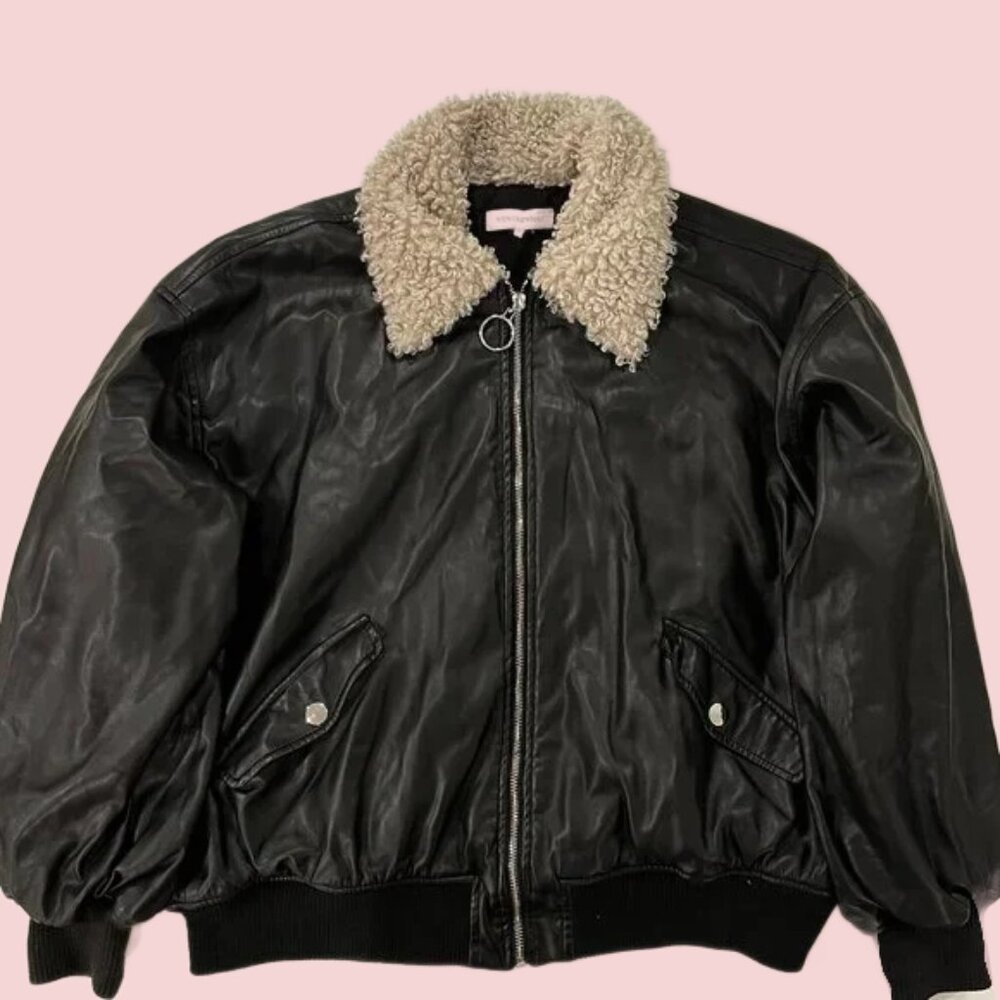 Women's Jacket "WEWOREWHAT" Faux Leather Sherpa Bomber Black Women's Size Small